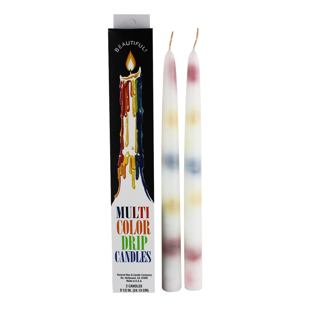 10 inch Multicolor Drip Taper Candles, case of 12 packs, Each Pack of 2