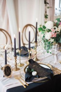 pink and black wedding table decoration ideas with taper candles