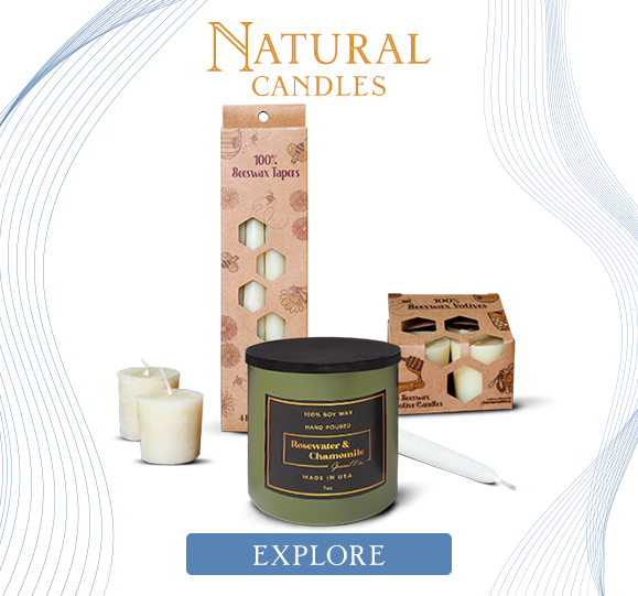 Natural Candles.  100% beeswax tapers.  Beeswax and Chamomile jar candle.
