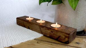 tealight candles in wooden candle holder