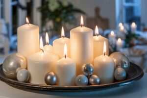 Christmas candles with white and silver platter 