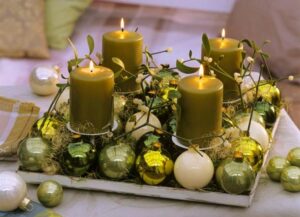 pillar candles and new year ornaments 