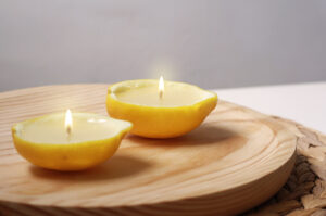 DIY citrus candles on a tray 