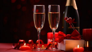 Valentine's day table decoration with red tealight candles and champagne