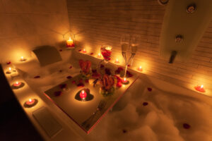 bathroom decoration for Valentine's day with floating candles