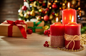 Christmas candles Christmas tree and gifts