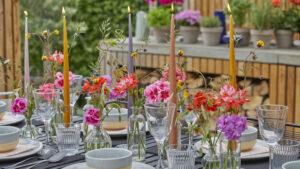 outdoor table decoration ideas with taper candles 