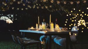 outdoor table decoration with taper candles 