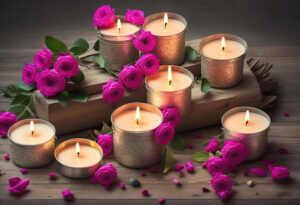 burning candles on a table with pink roses 