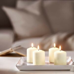 sweet vanilla pillar candles on tray 