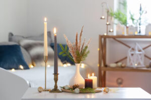 burning candles for cozy interior 