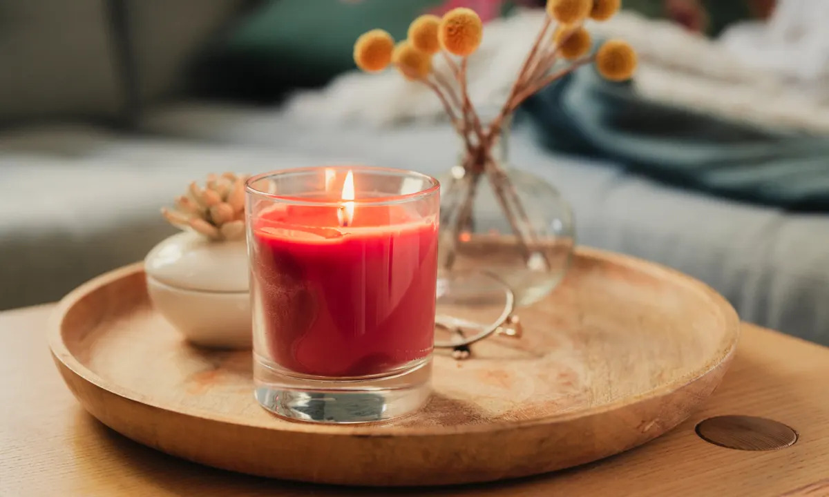 glass scented candle on wooden tray