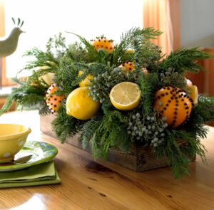 Christmas Centerpiece with citrus topiary
