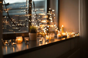 Christmas candles on windowsills for Christmas mood 