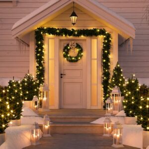 Outdoor New Year decoration with lanterns and lights 